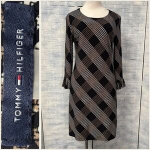 Tommy Hilfiger Womens 8 Black Brown White Plaid Long Sleeve Dress